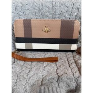 Iconic‎ Designer Inspired Bee Emblem Stripe Zip Around Wallet Wristlet